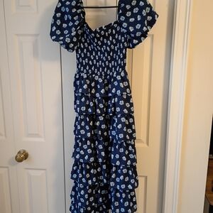 Dry Goods Navy Blue Floral Tiered Midi Dress